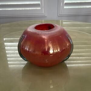 Handmade Blown Glass Vase Bowl Red  Iridescent